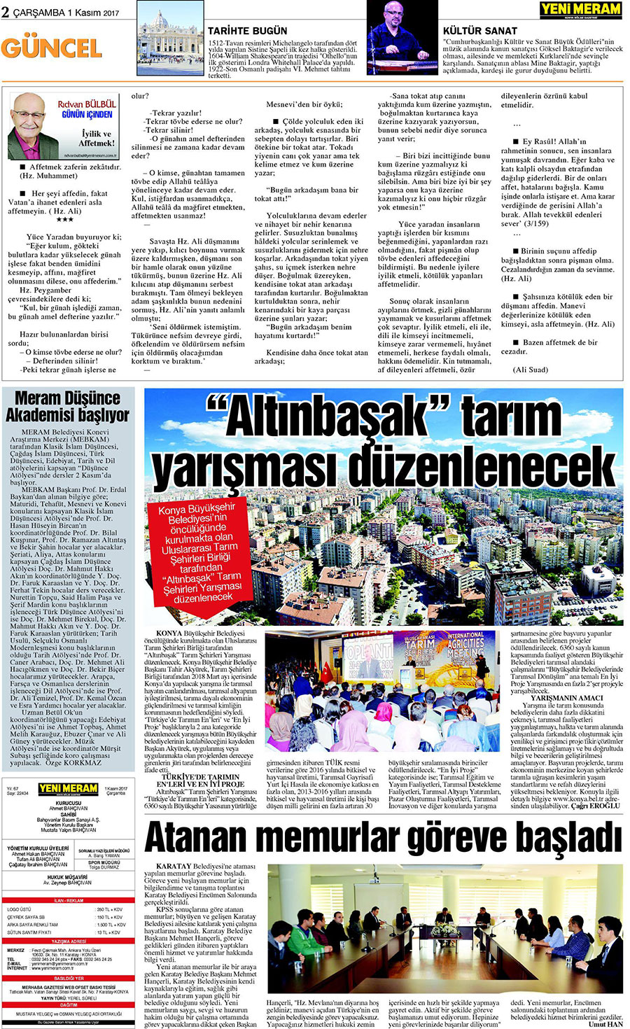 1 Kasım 2017 Yeni Meram Gazetesi