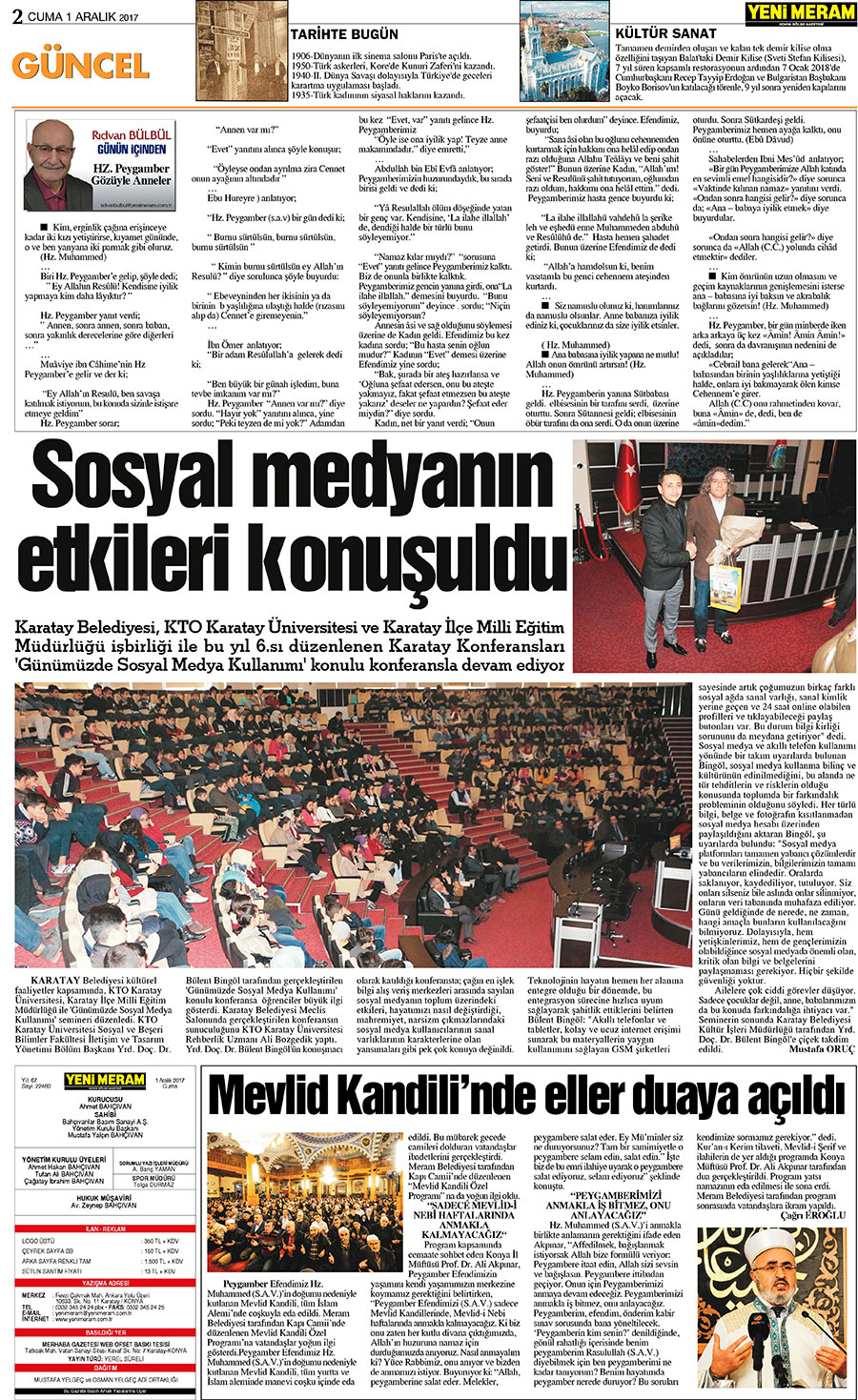 1 Aralık 2017 Yeni Meram Gazetesi