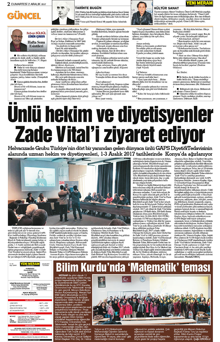 2 Aralık 2017 Yeni Meram Gazetesi