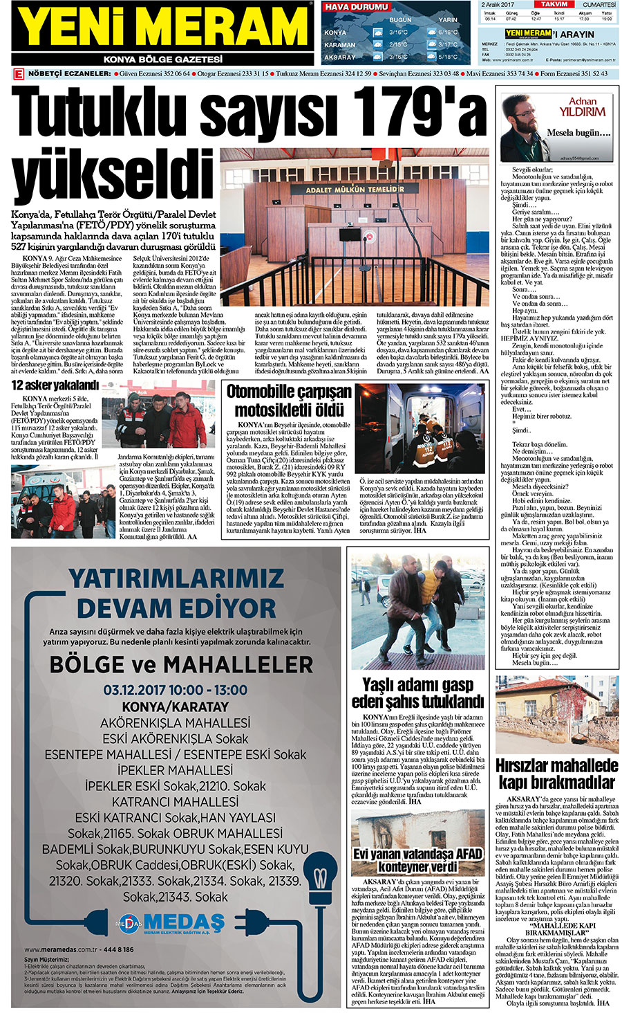 2 Aralık 2017 Yeni Meram Gazetesi