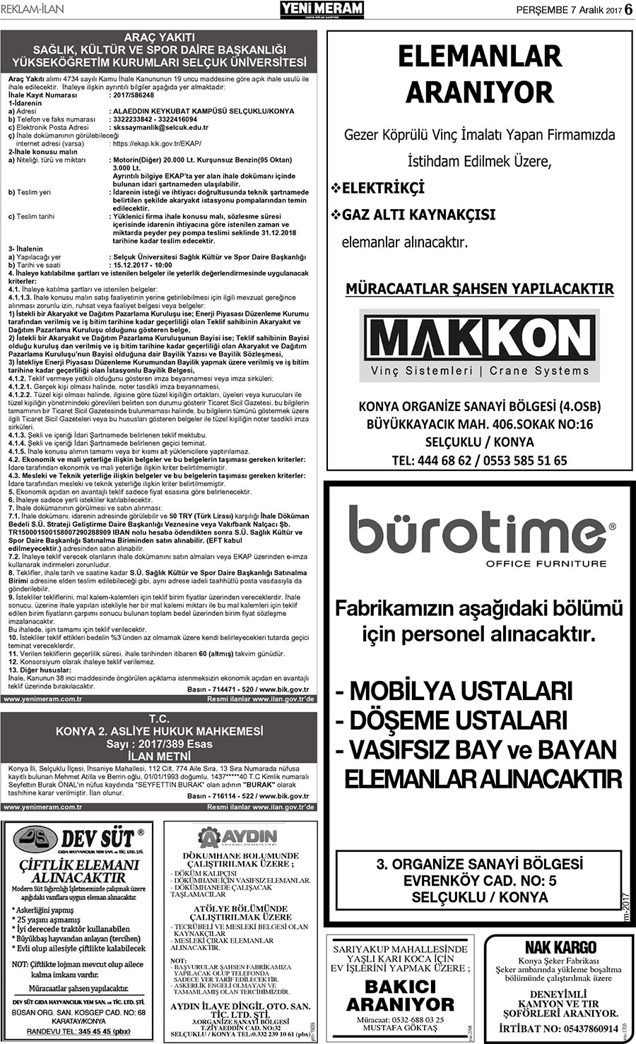 7 Aralık 2017 Yeni Meram Gazetesi