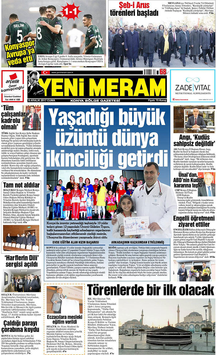 8 Aralık 2017 Yeni Meram Gazetesi