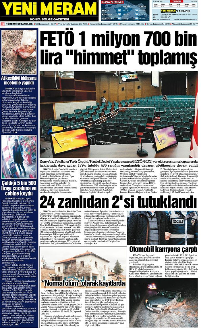 8 Aralık 2017 Yeni Meram Gazetesi