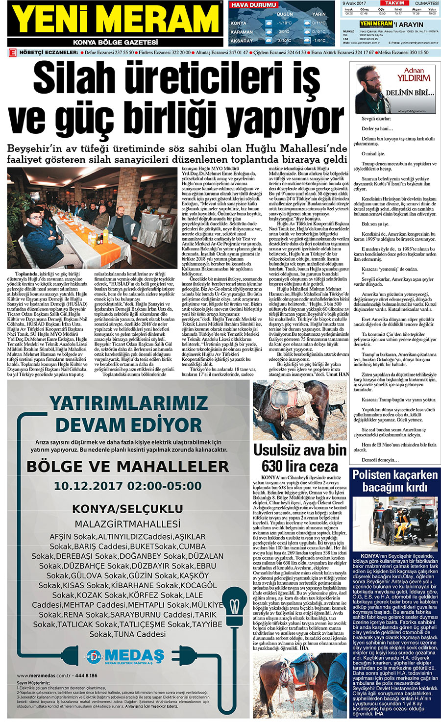 9 Aralık 2017 Yeni Meram Gazetesi