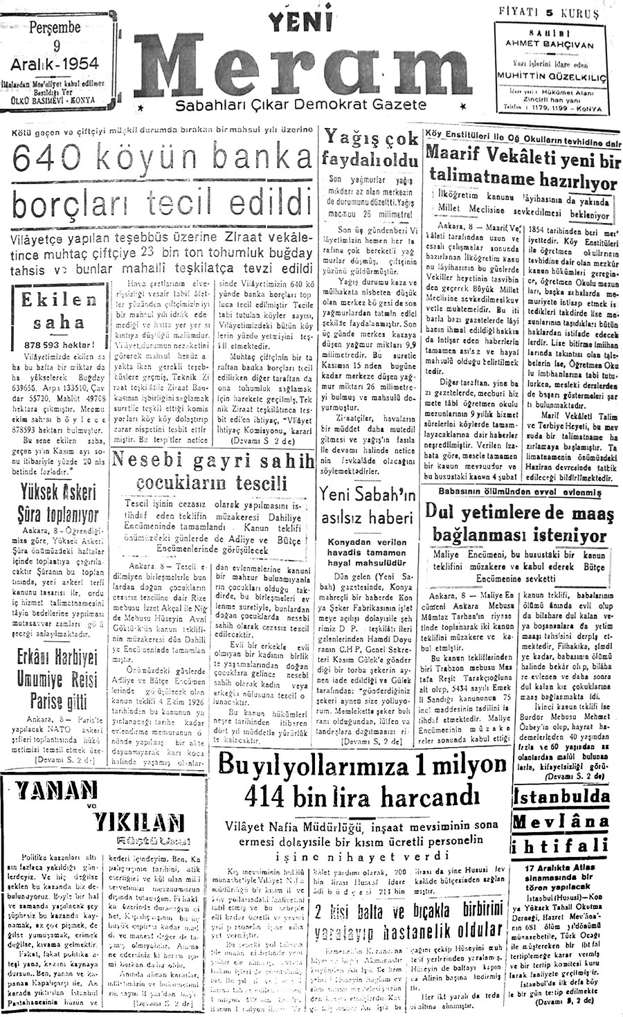 9 Aralık 2017 Yeni Meram Gazetesi