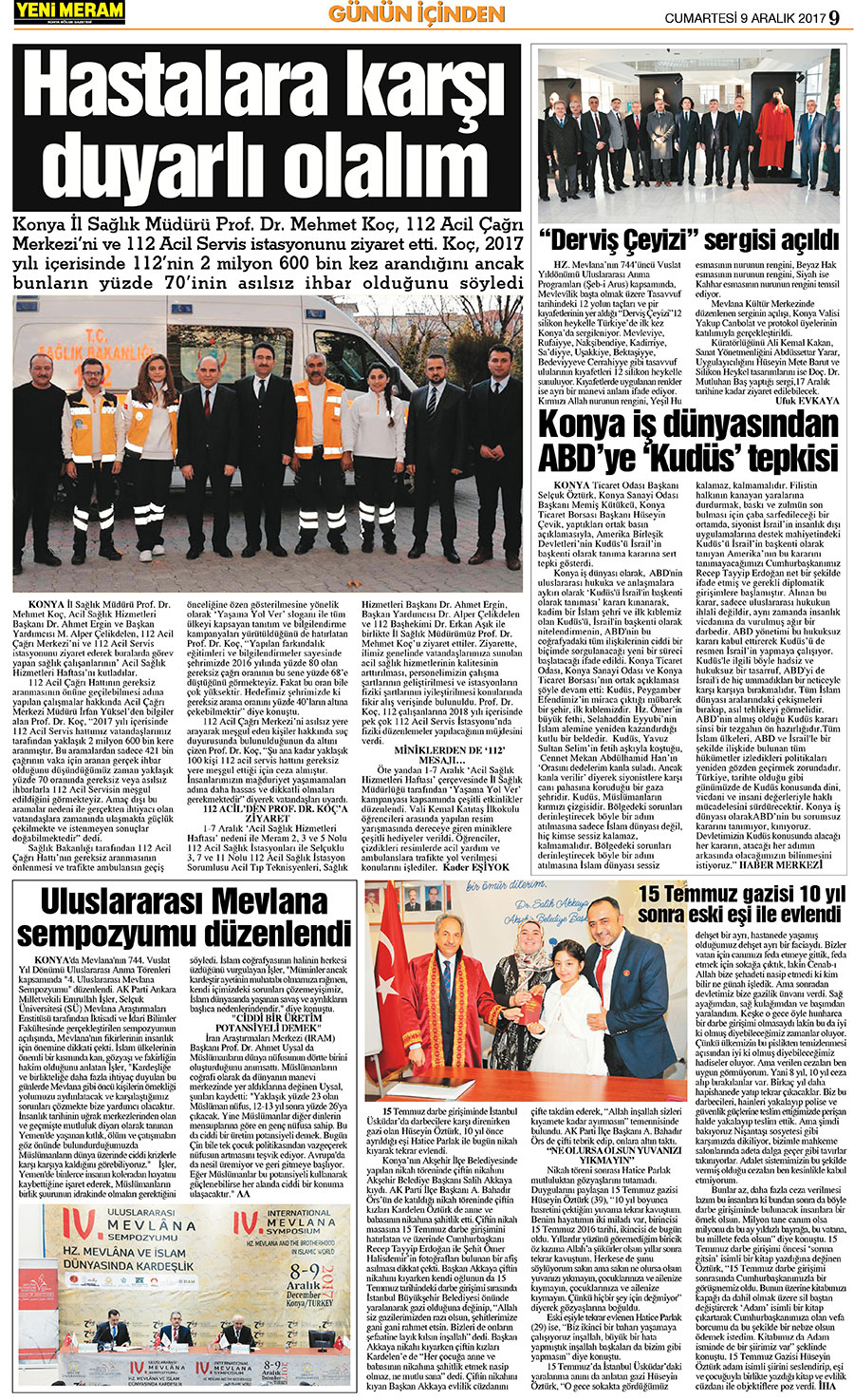 9 Aralık 2017 Yeni Meram Gazetesi