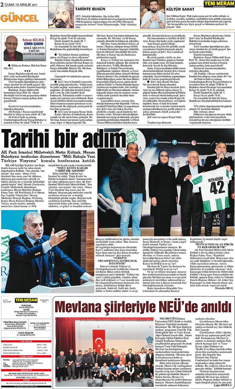 15 Aralık 2017 Yeni Meram Gazetesi