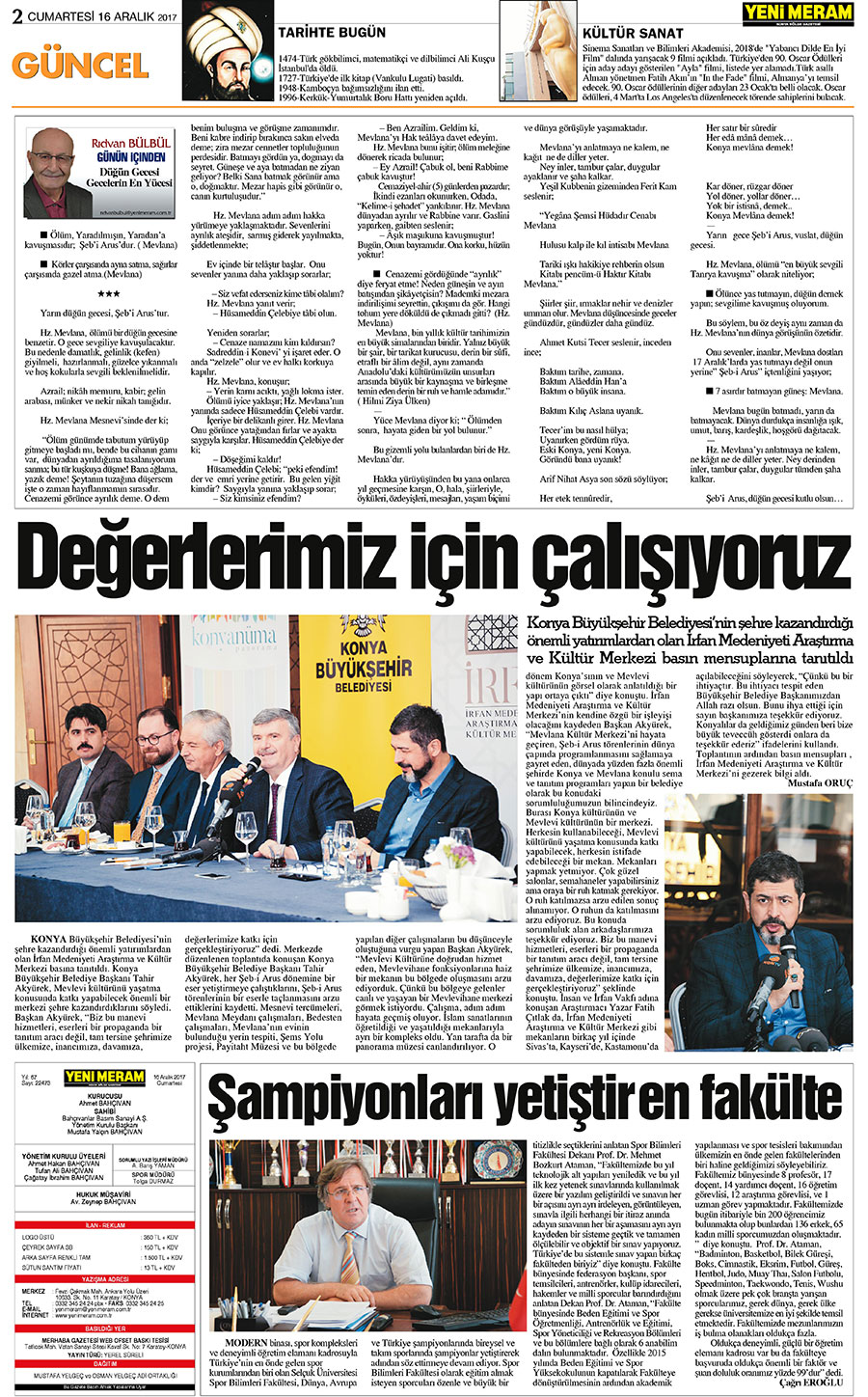 16 Aralık 2017 Yeni Meram Gazetesi