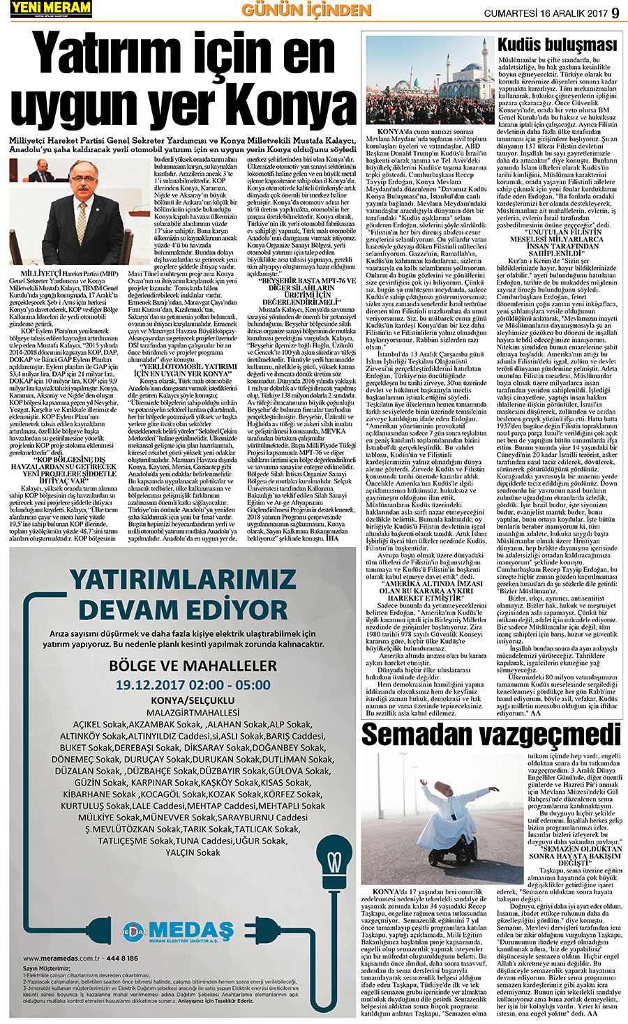 16 Aralık 2017 Yeni Meram Gazetesi