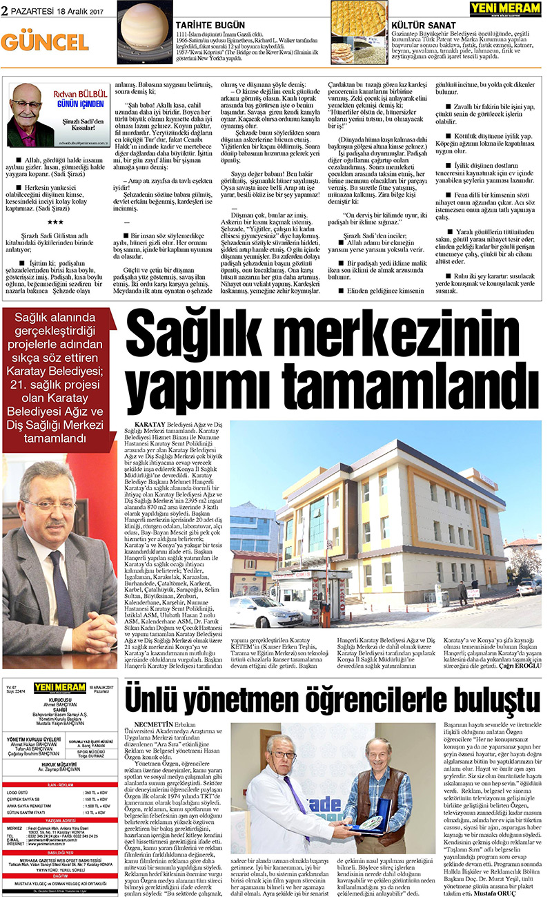 18 Aralık 2017 Yeni Meram Gazetesi