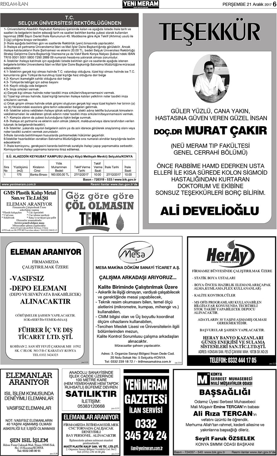 21 Aralık 2017 Yeni Meram Gazetesi