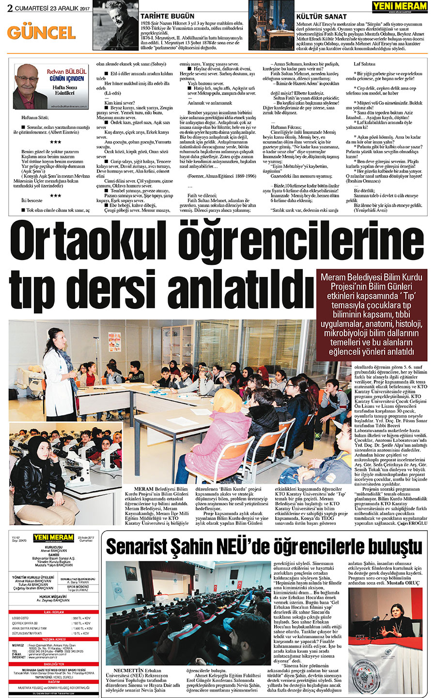 23 Aralık 2017 Yeni Meram Gazetesi