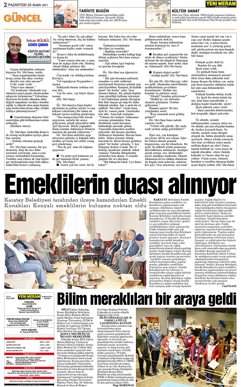 25 Aralık 2017 Yeni Meram Gazetesi