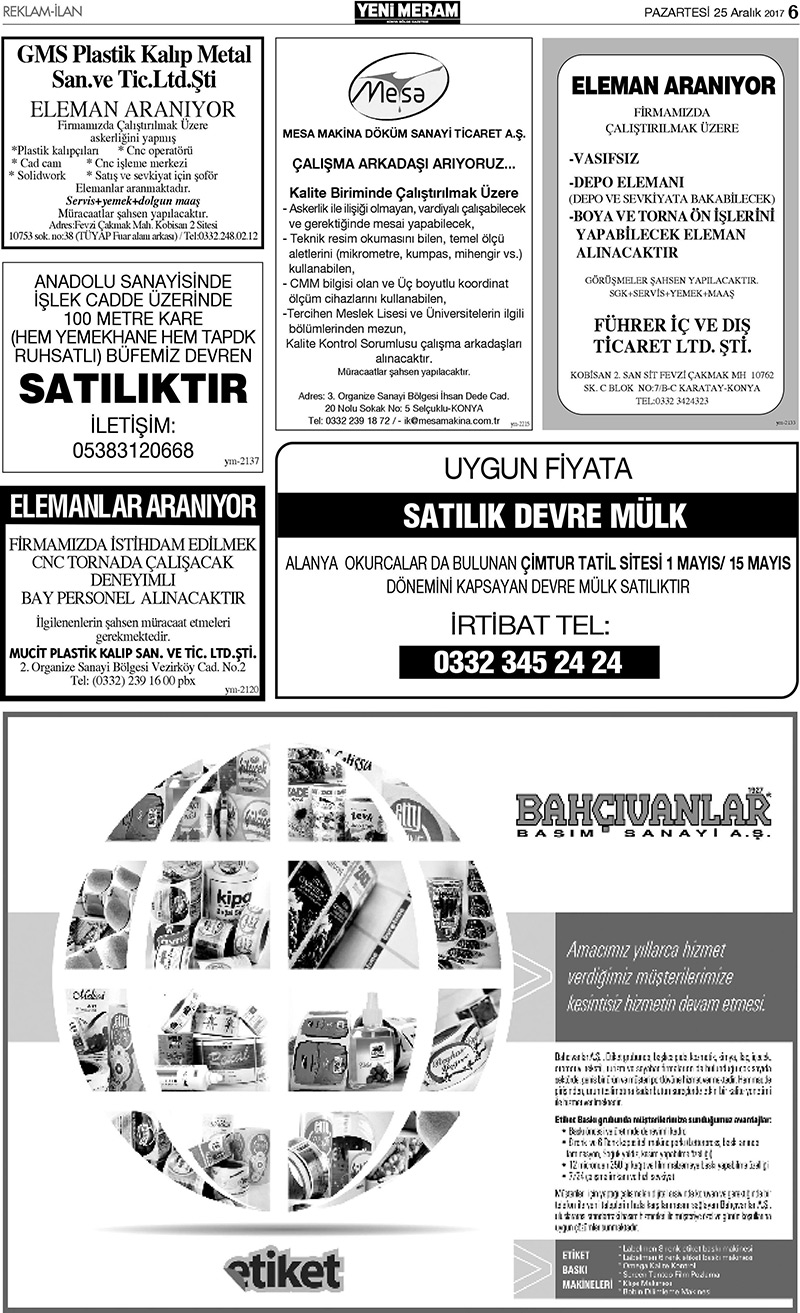 25 Aralık 2017 Yeni Meram Gazetesi