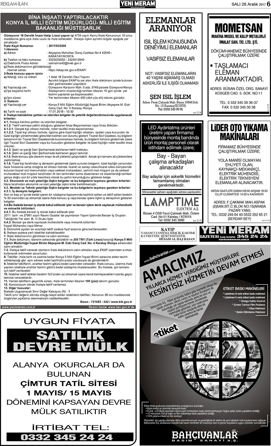 26 Aralık 2017 Yeni Meram Gazetesi