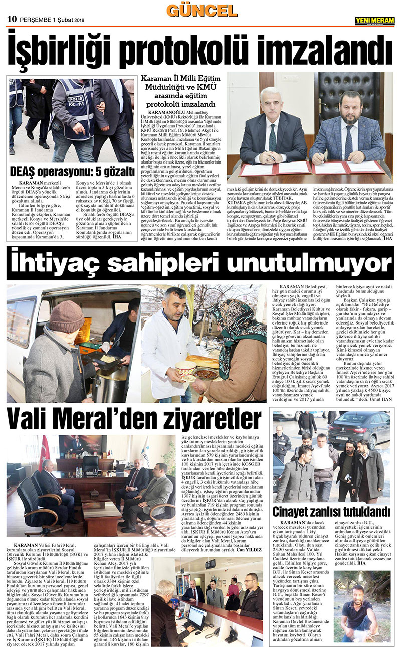 1 Şubat 2018 Yeni Meram Gazetesi