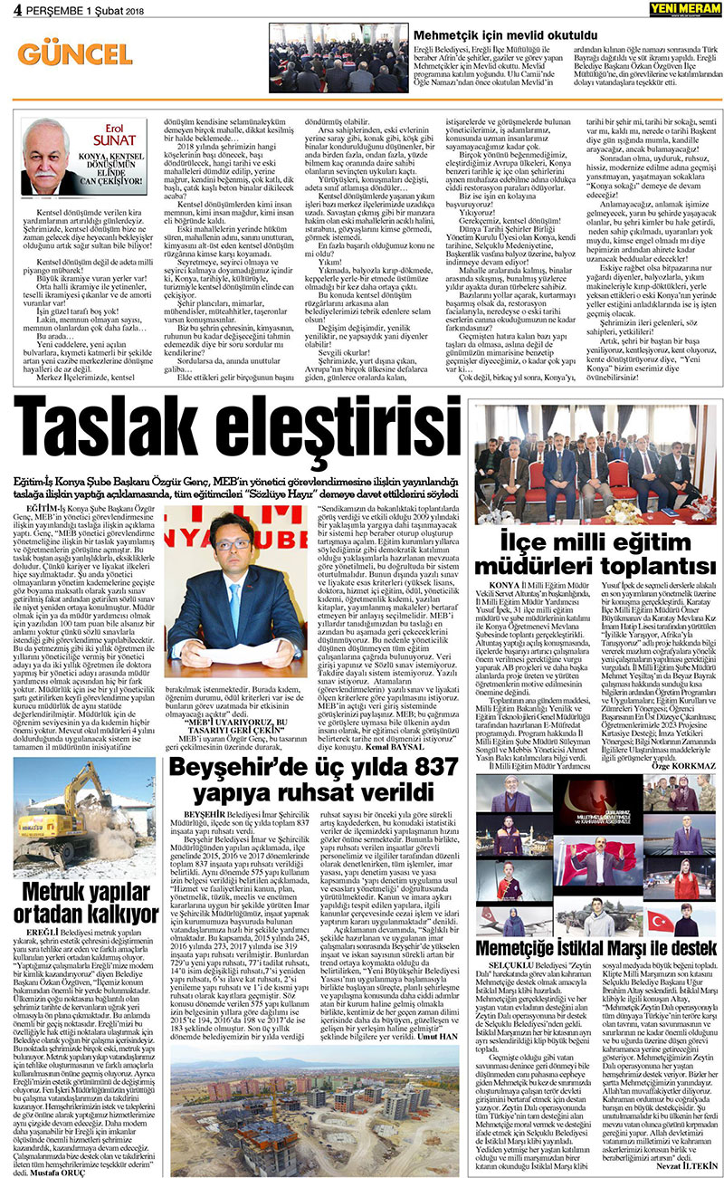 1 Şubat 2018 Yeni Meram Gazetesi