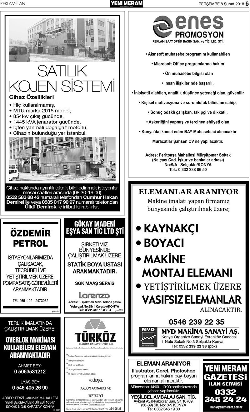 8 Şubat 2018 Yeni Meram Gazetesi