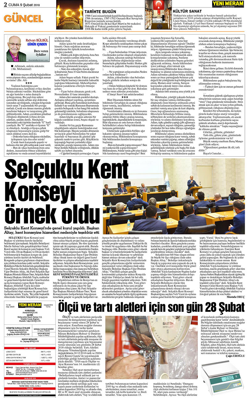 9 Şubat 2018 Yeni Meram Gazetesi