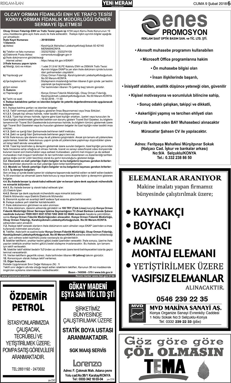 9 Şubat 2018 Yeni Meram Gazetesi