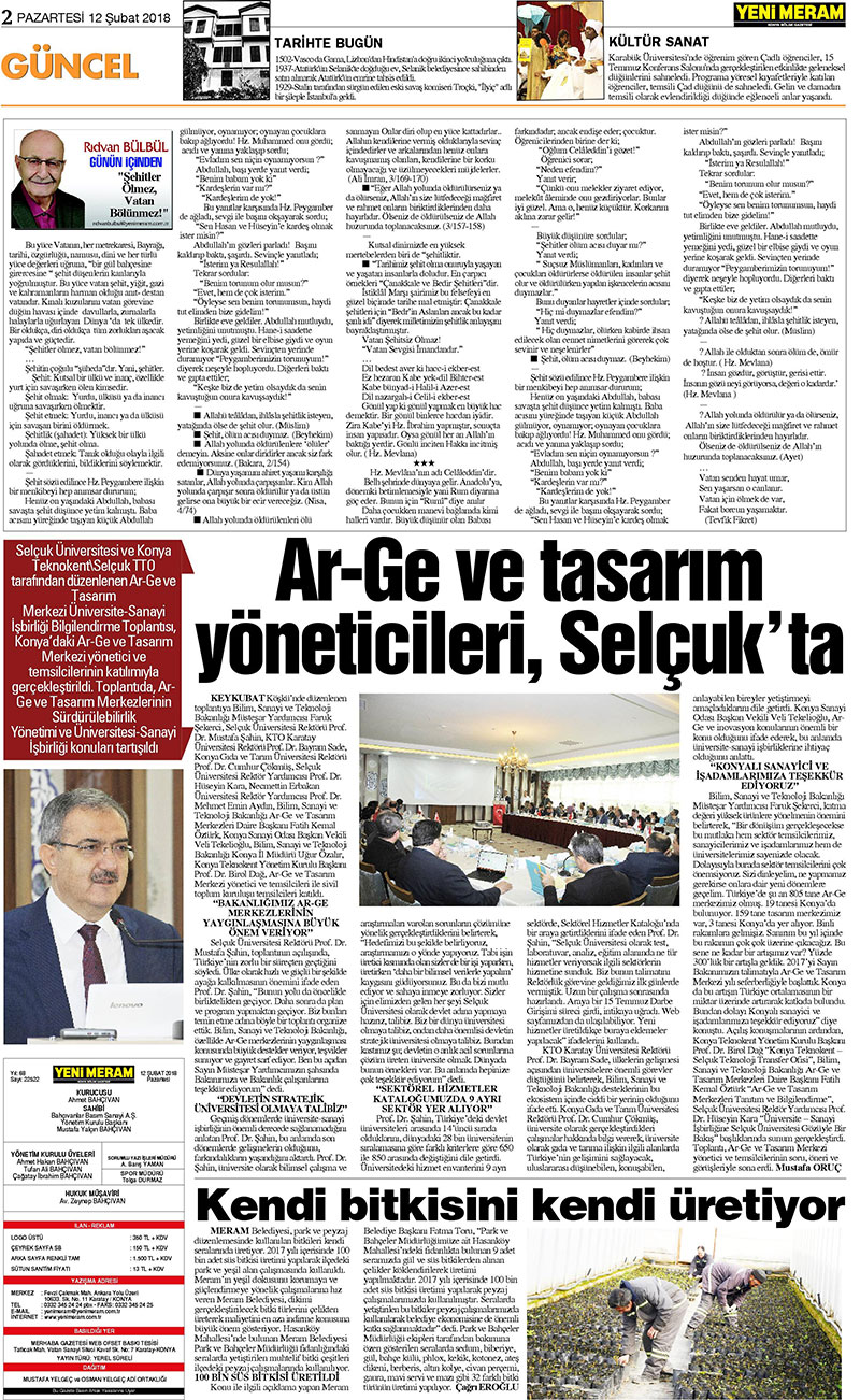 12 Şubat 2018 Yeni Meram Gazetesi