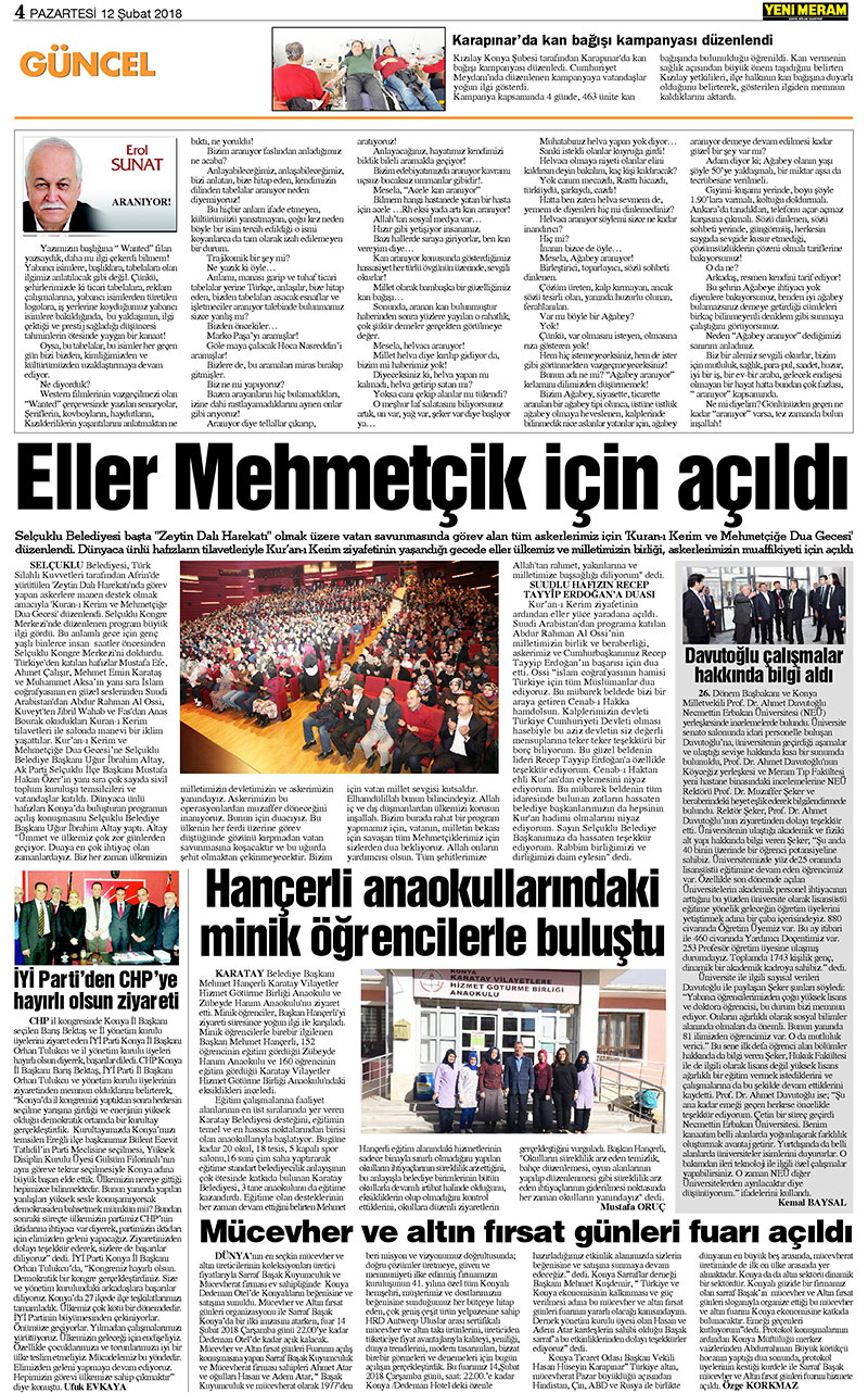 12 Şubat 2018 Yeni Meram Gazetesi