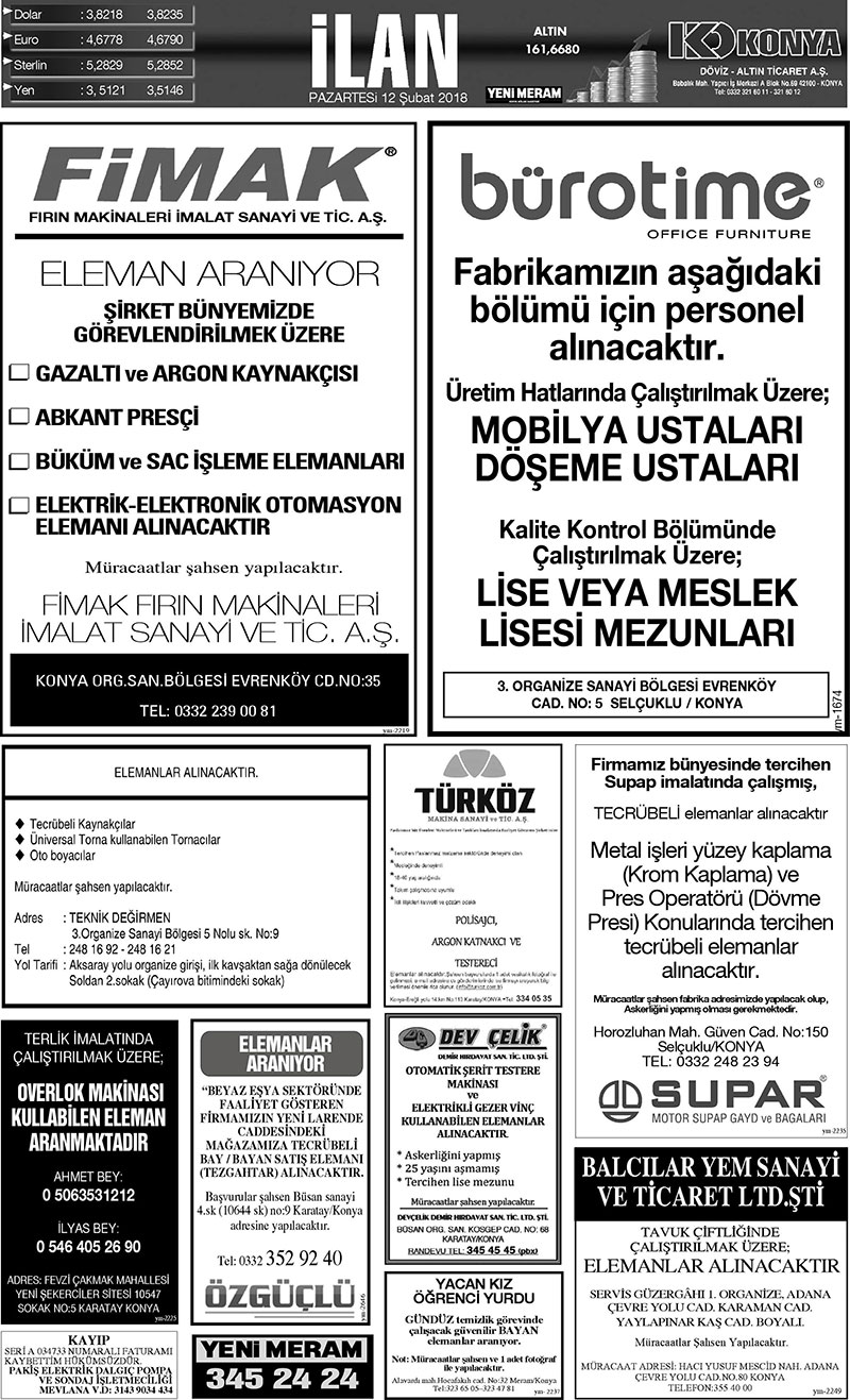 12 Şubat 2018 Yeni Meram Gazetesi