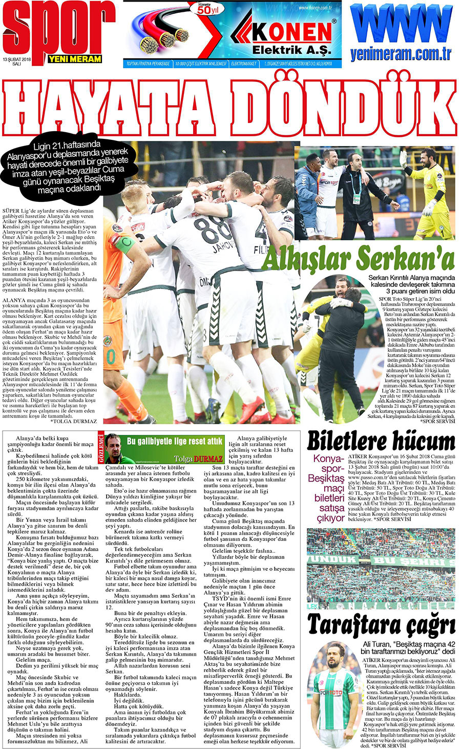 13 Şubat 2018 Yeni Meram Gazetesi