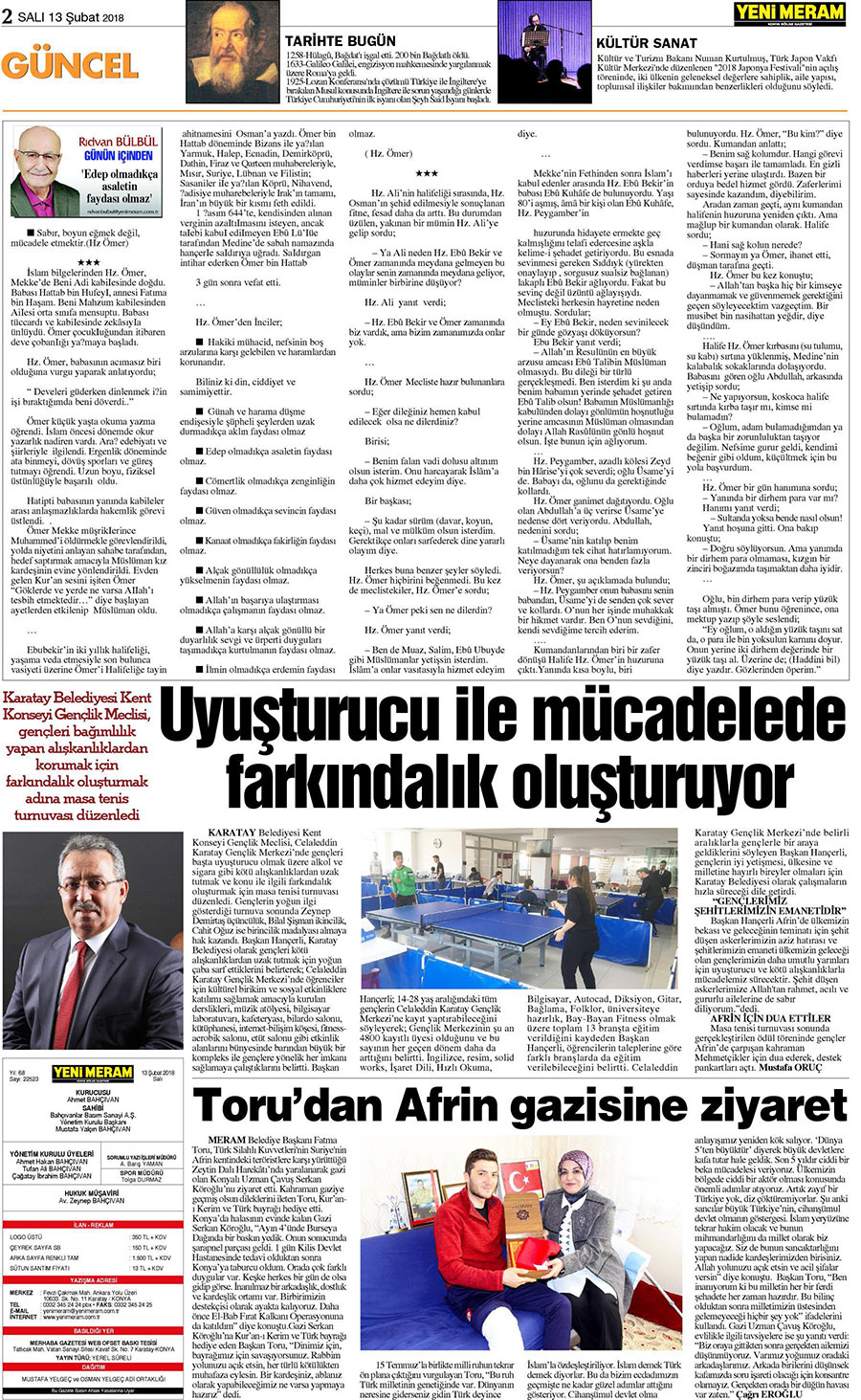 13 Şubat 2018 Yeni Meram Gazetesi