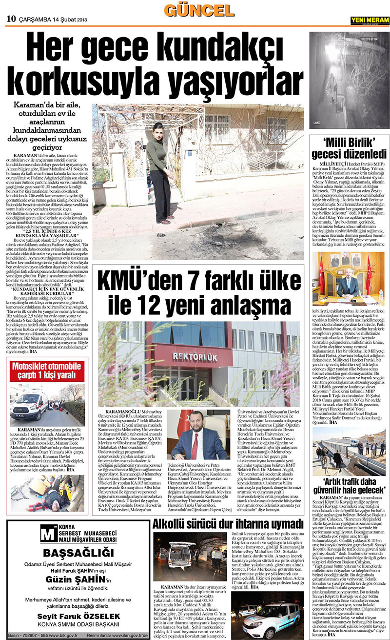 14 Şubat 2018 Yeni Meram Gazetesi