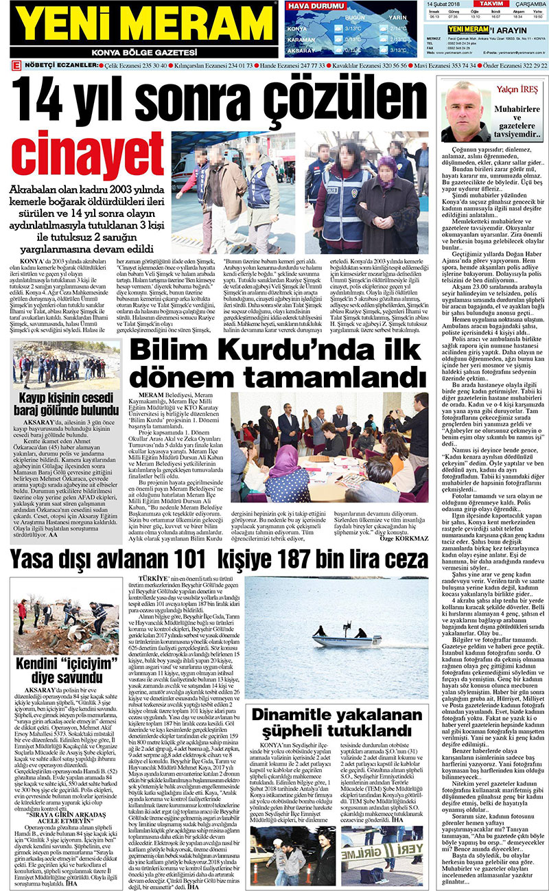 14 Şubat 2018 Yeni Meram Gazetesi