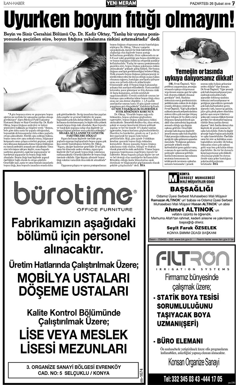 26 Şubat 2018 Yeni Meram Gazetesi