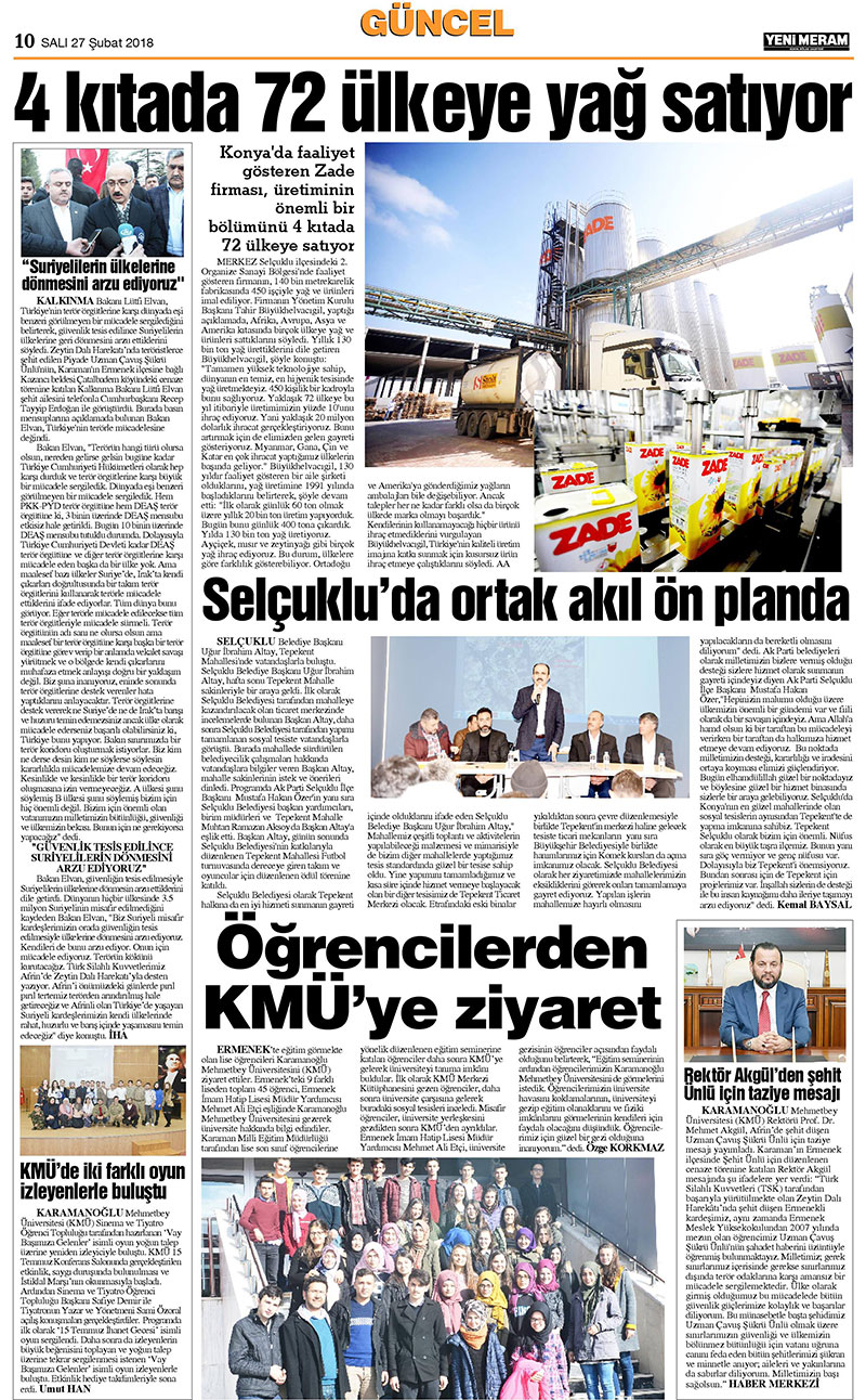 27 Şubat 2018 Yeni Meram Gazetesi