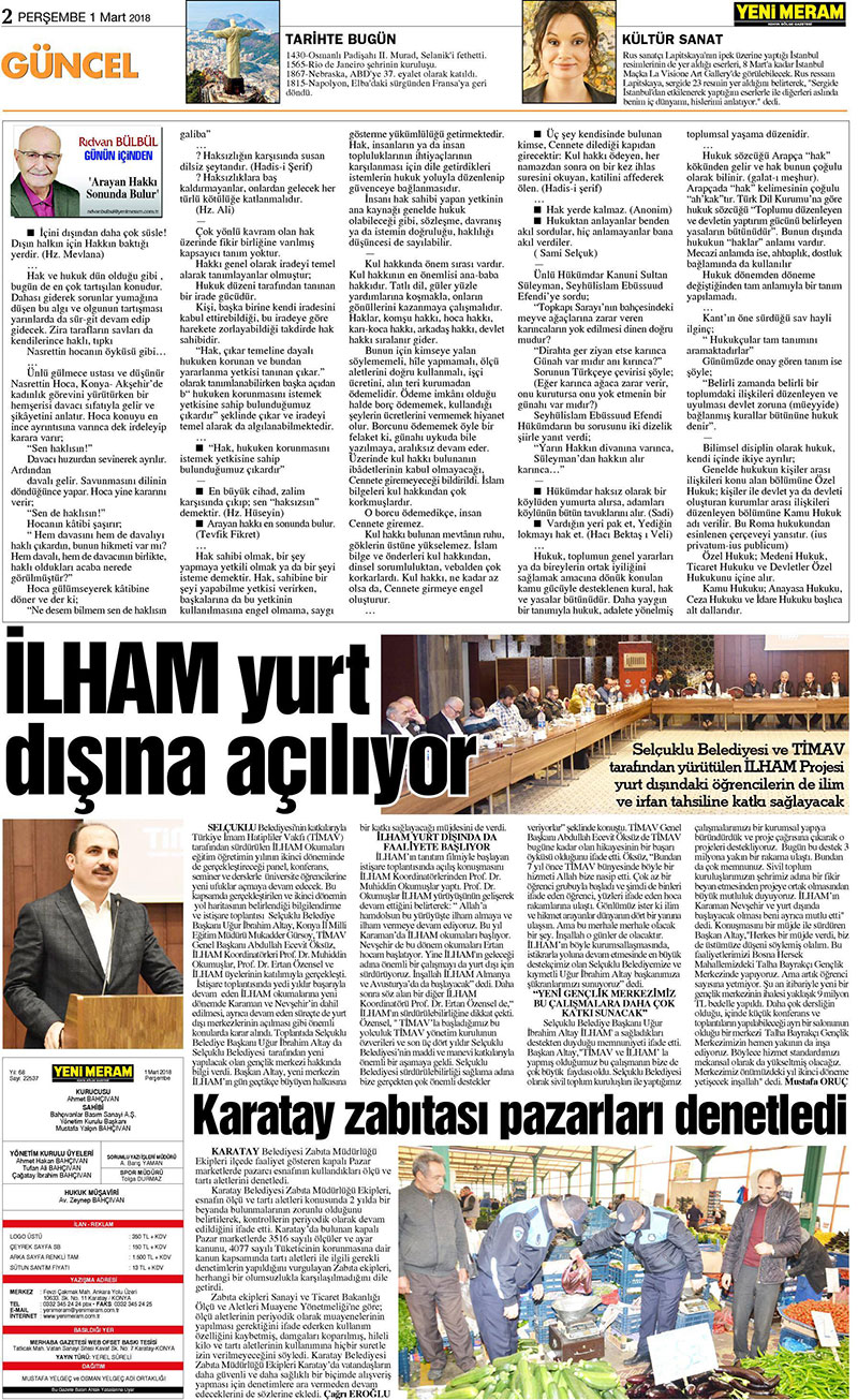 1 Mart 2018 Yeni Meram Gazetesi