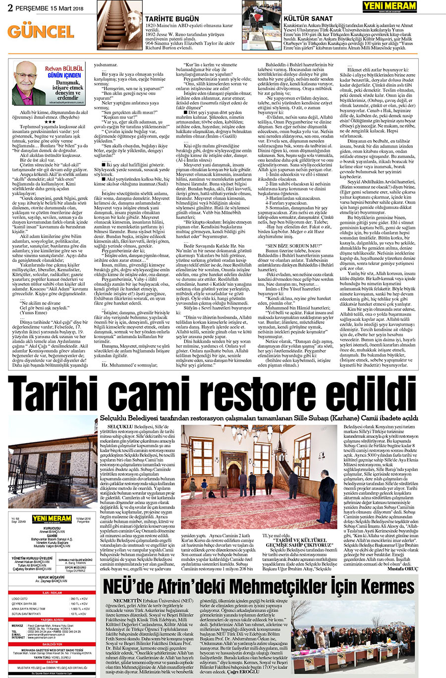 15 Mart 2018 Yeni Meram Gazetesi