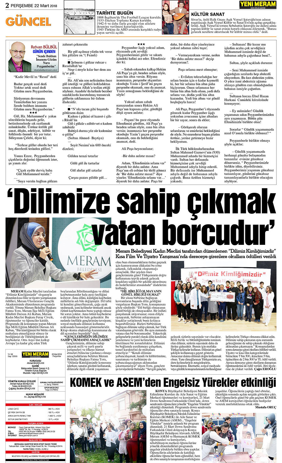 22 Mart 2018 Yeni Meram Gazetesi