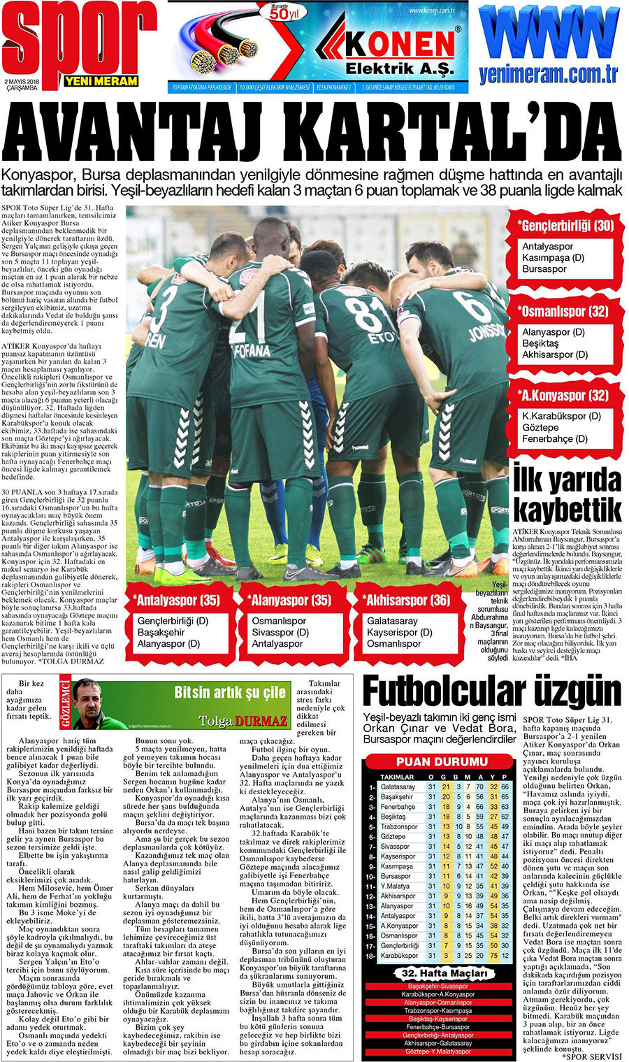 2 Mayıs 2018 Yeni Meram Gazetesi