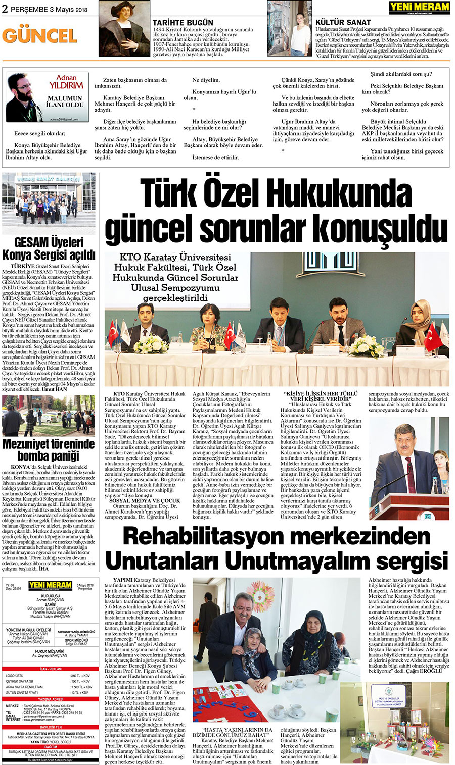 3 Mayıs 2018 Yeni Meram Gazetesi