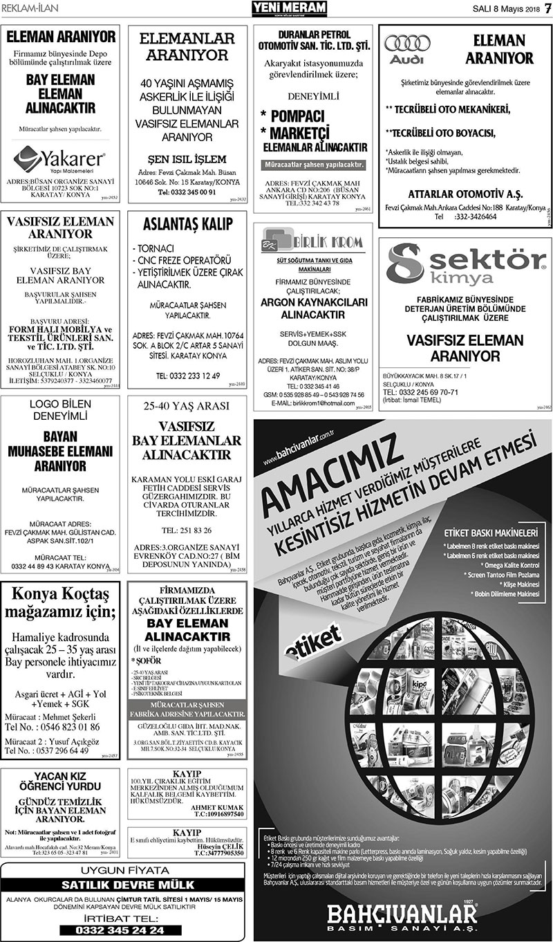 8 Mayıs 2018 Yeni Meram Gazetesi