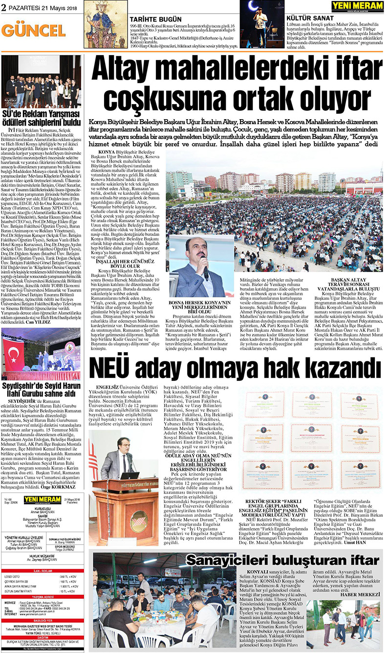 21 Mayıs 2018 Yeni Meram Gazetesi