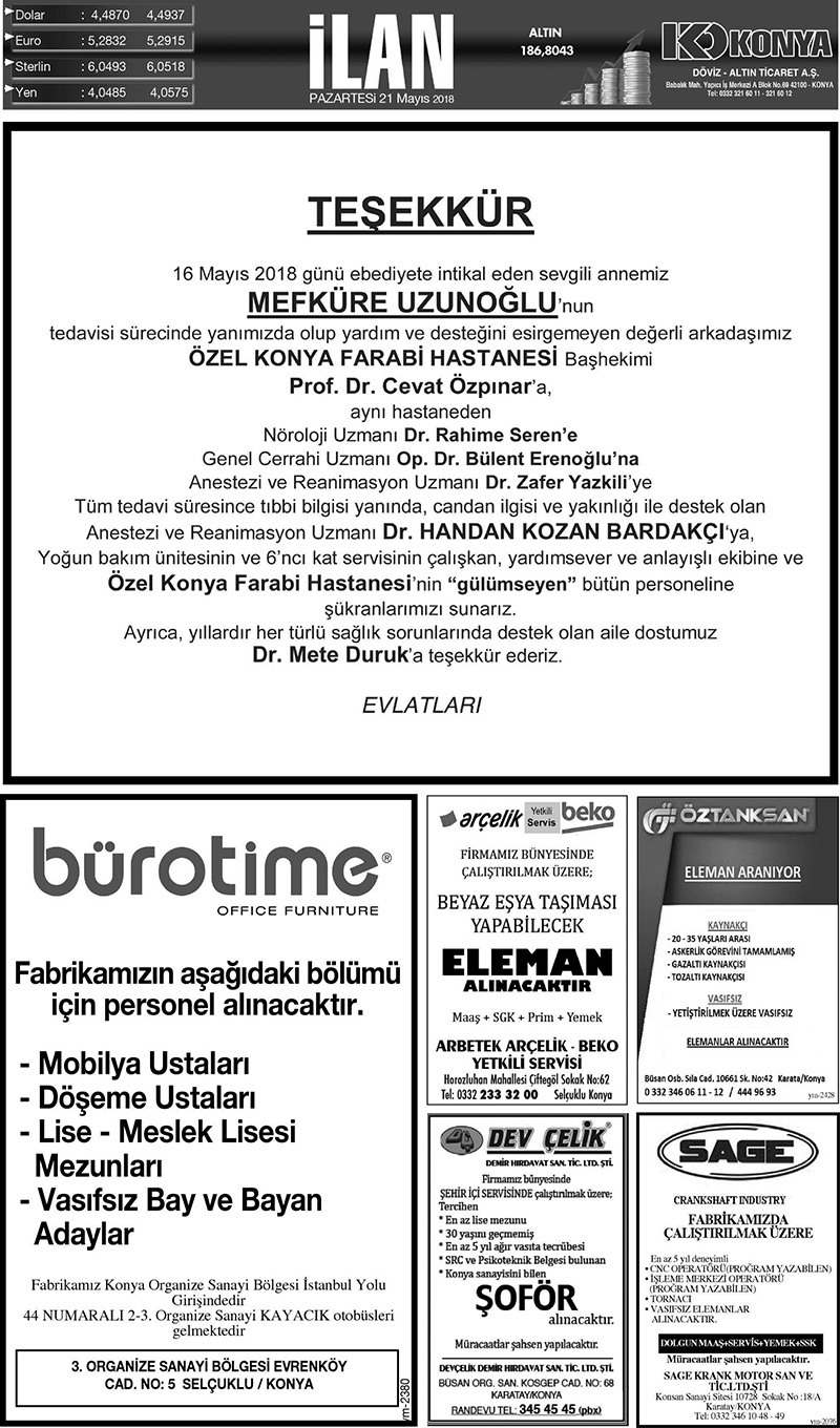 21 Mayıs 2018 Yeni Meram Gazetesi