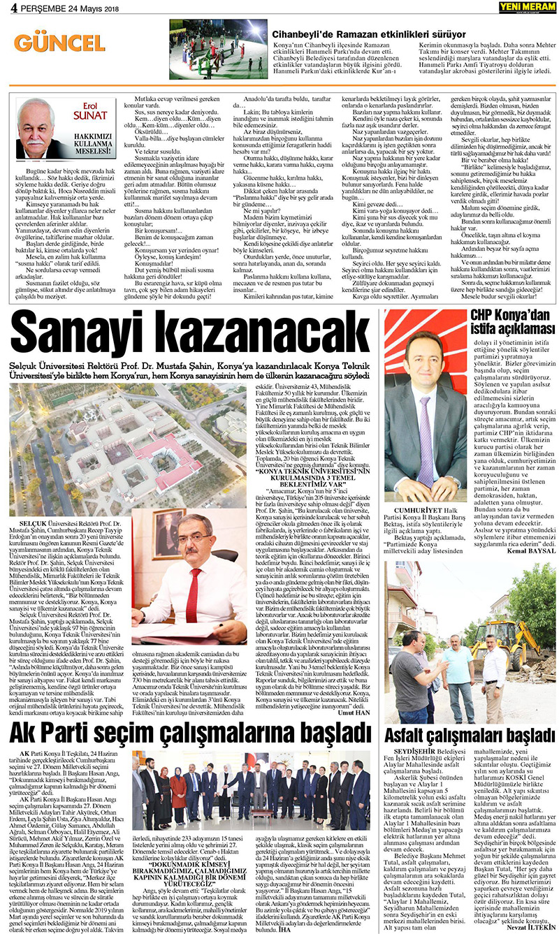 24 Mayıs 2018 Yeni Meram Gazetesi