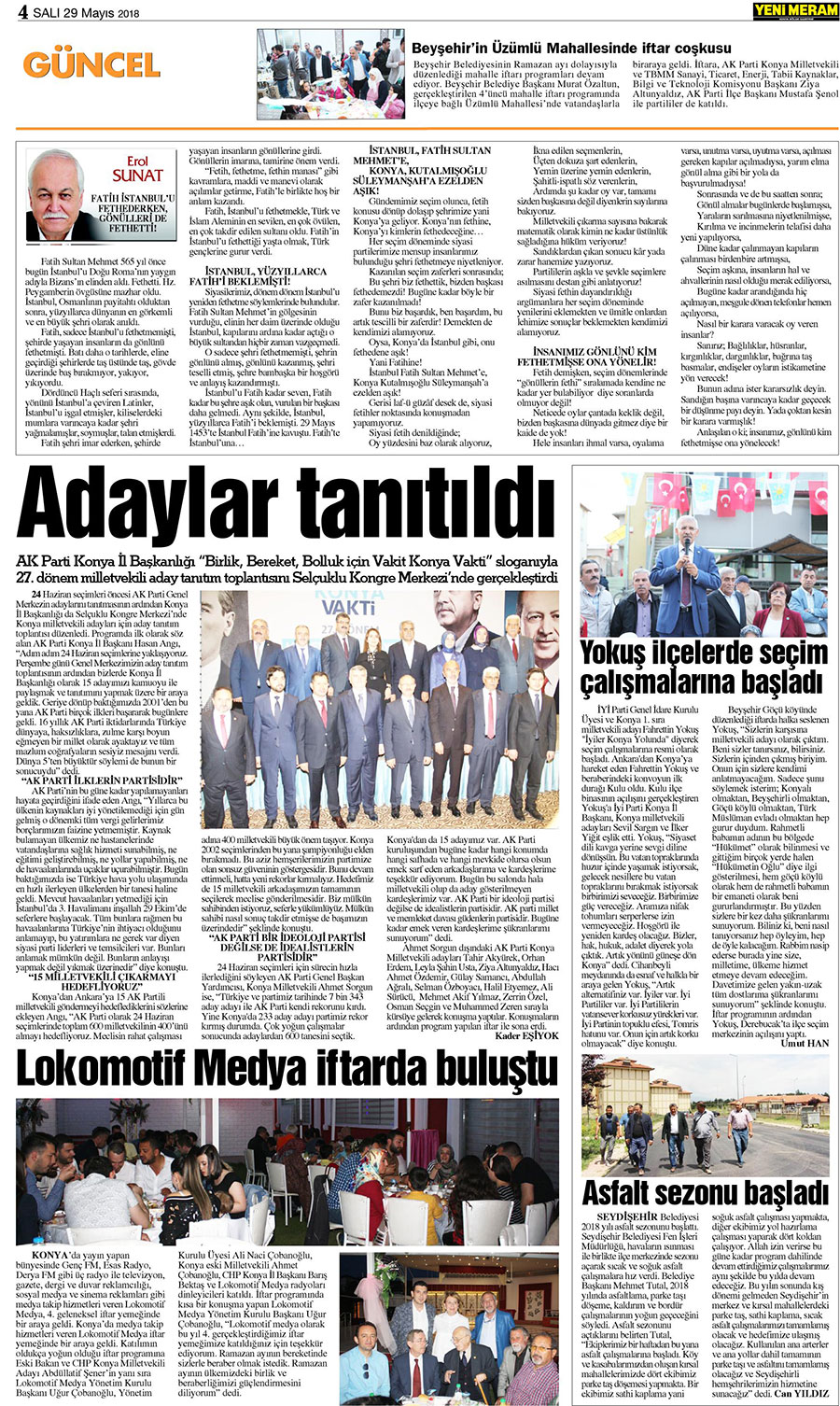 29 Mayıs 2018 Yeni Meram Gazetesi