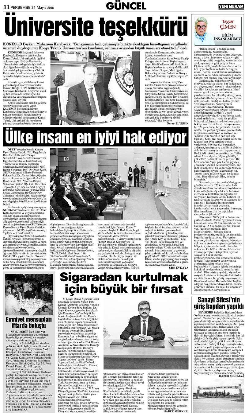 31 Mayıs 2018 Yeni Meram Gazetesi