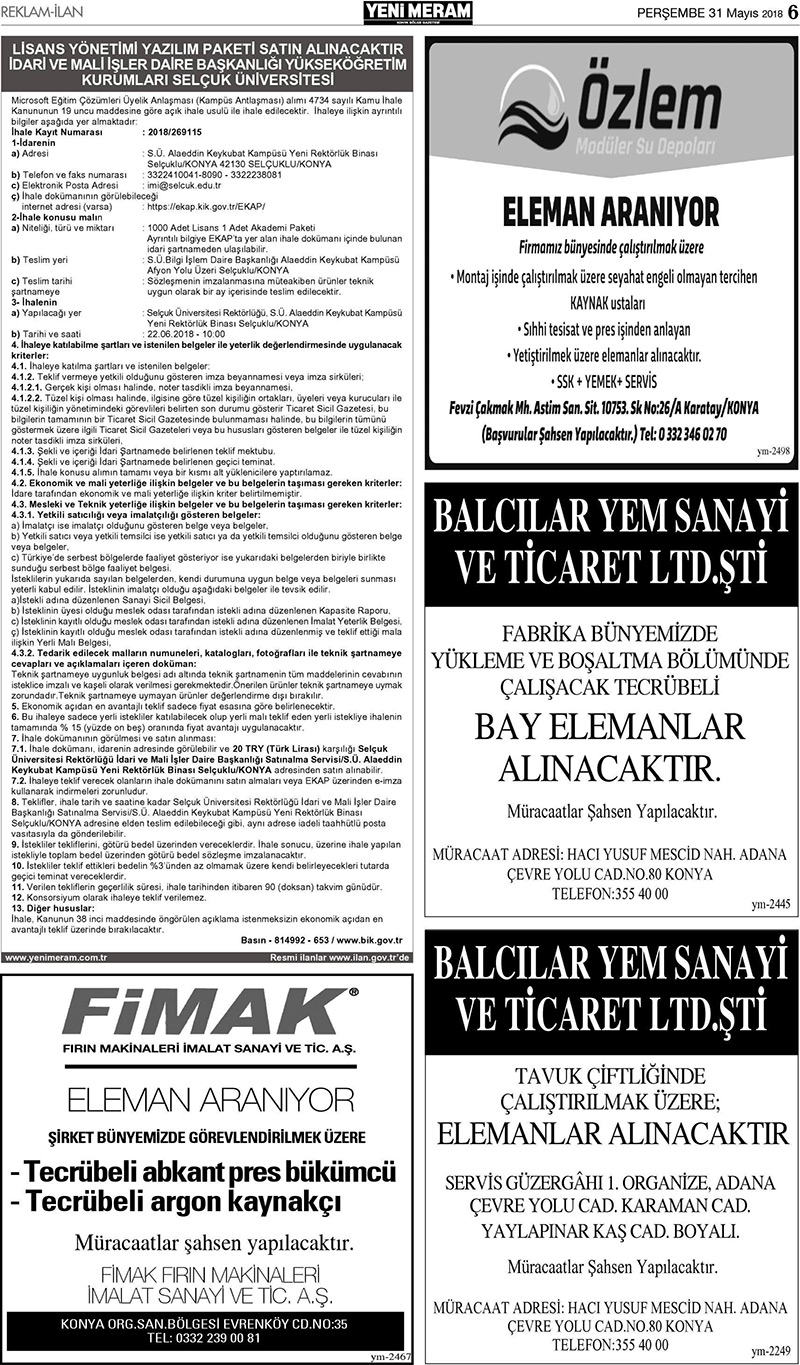 31 Mayıs 2018 Yeni Meram Gazetesi