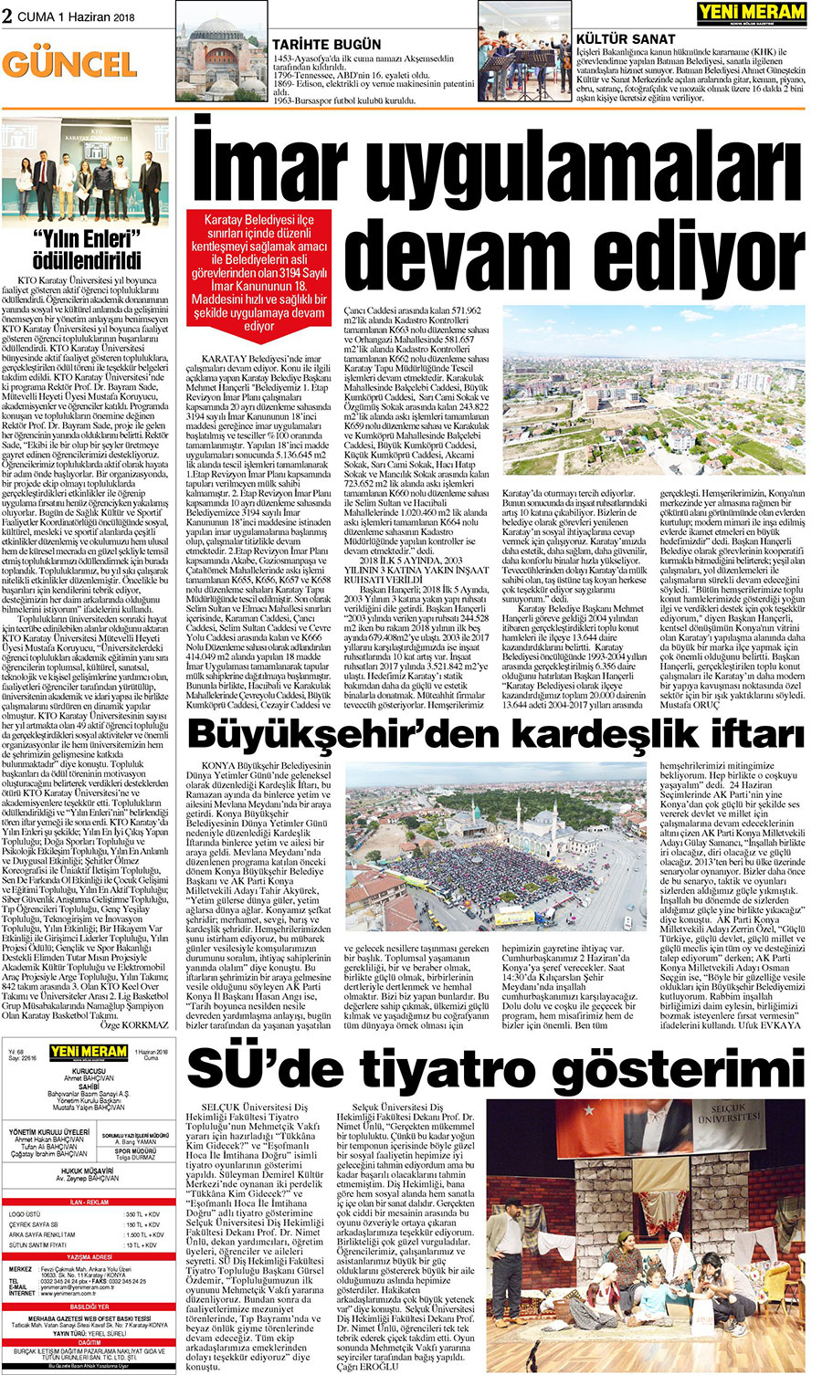 1 Haziran 2018 Yeni Meram Gazetesi