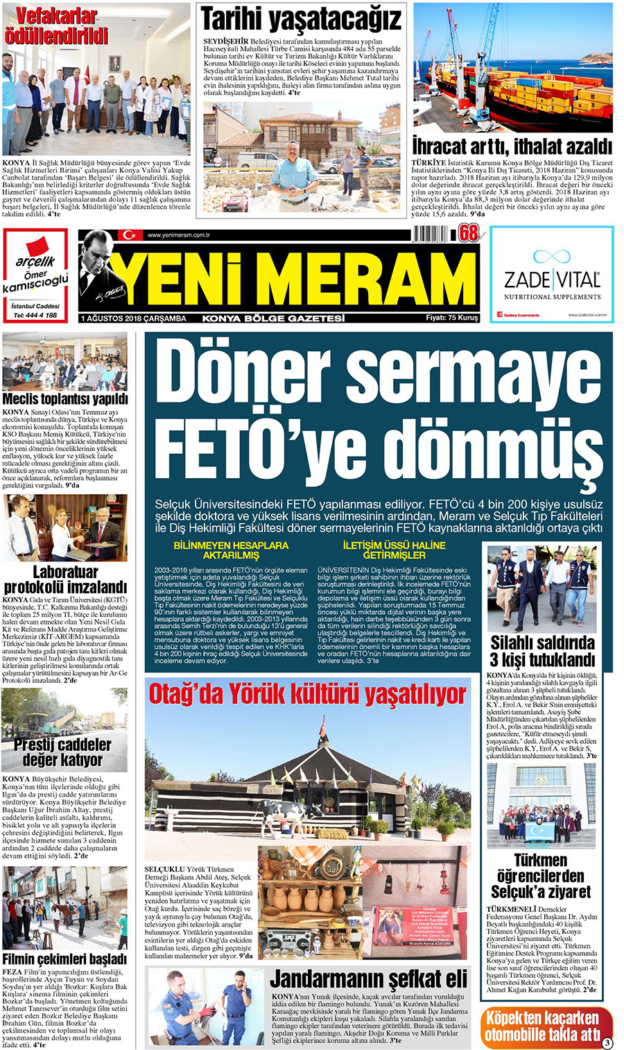 1 Ağustos 2018 Yeni Meram Gazetesi