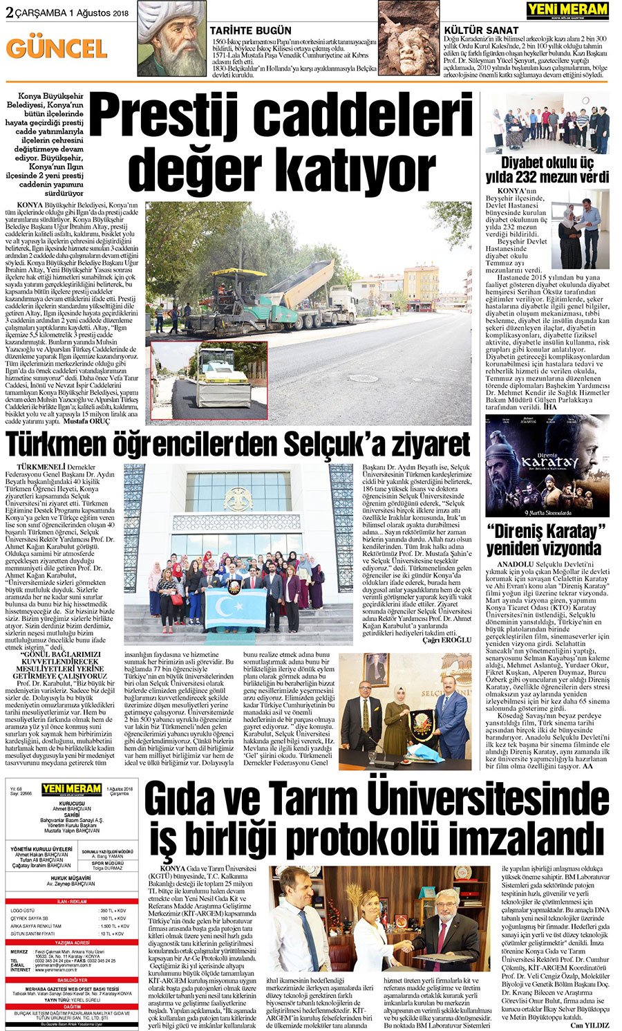 1 Ağustos 2018 Yeni Meram Gazetesi