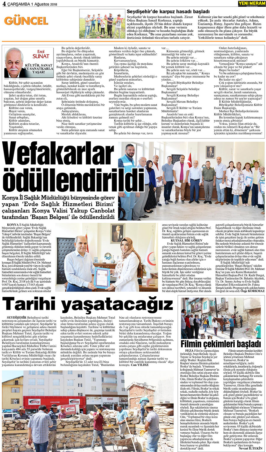 1 Ağustos 2018 Yeni Meram Gazetesi