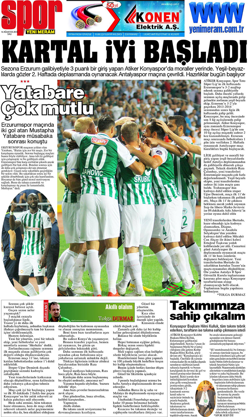 14 Ağustos 2018 Yeni Meram Gazetesi